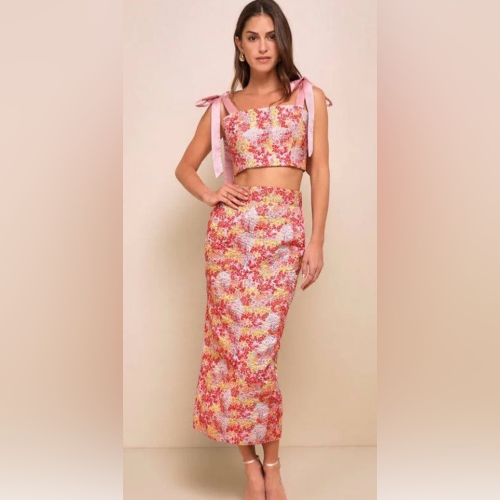 Lulu's Coral and Multicolor Floral 2 piece Dress